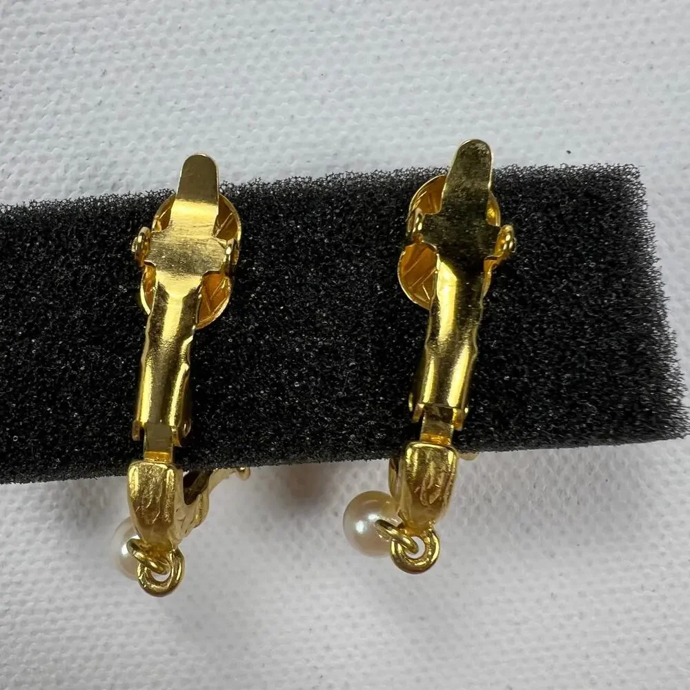 Vintage Gold Tone Lariat Necklace & Clip-On Earring Set Brown Stone Faux Pearl